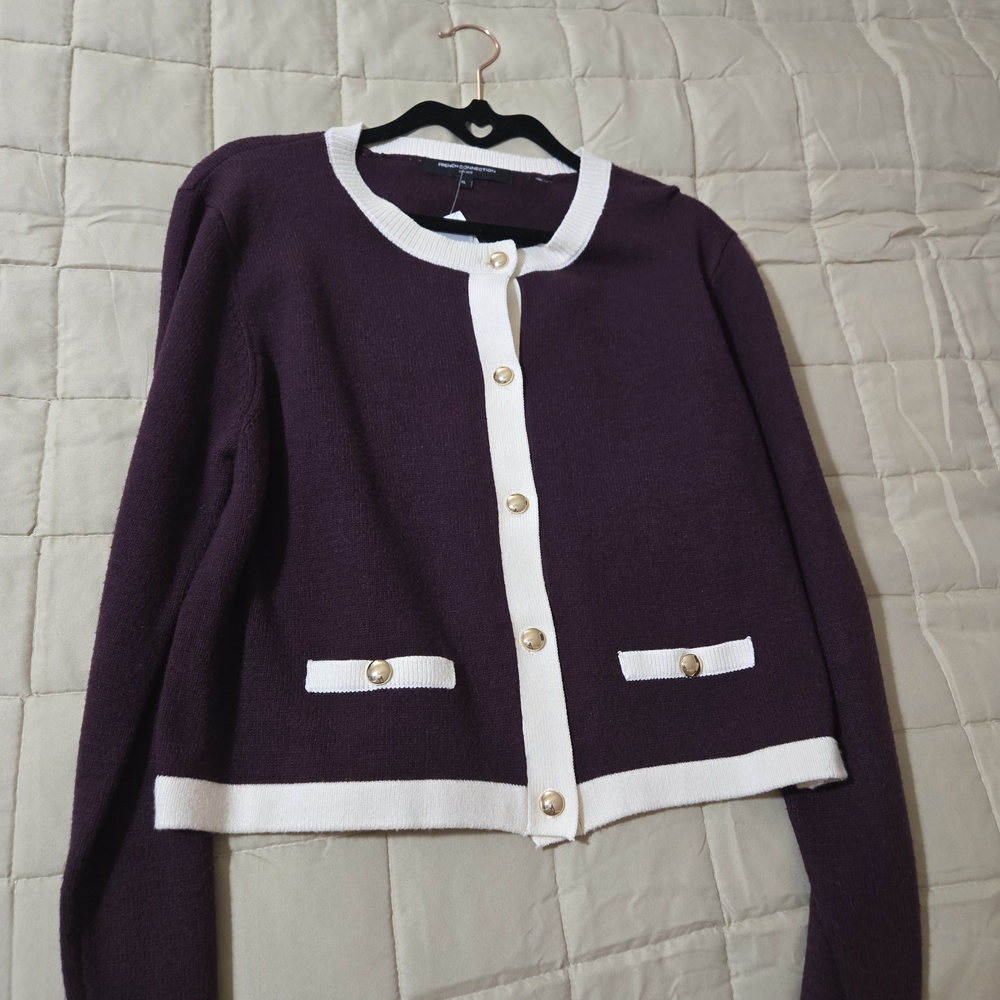 French Connection Burgundy Cardigan with Cream Trim
